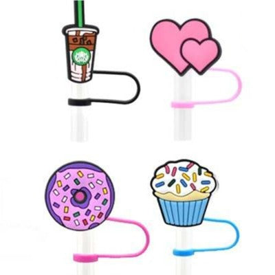 Four stock straw topper designs on straws: iced coffee cup, hearts, donut and cupcake